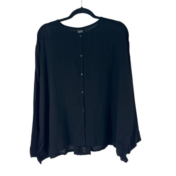 Eileen Fisher Viscose Linen Blend Black Oversized Lagenlook Button Front Top S - Picture 1 of 8
